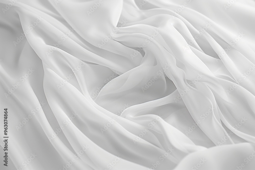 Poster Close-up view of white fabric with slight curl at bottom. Fabric texture appears smooth and delicate. Intentionally blurred background highlights intricate details. Soft and elegant appearance.