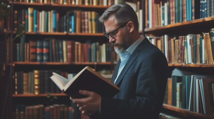 Man Reading a Book in a Library - Knowledge and Literature