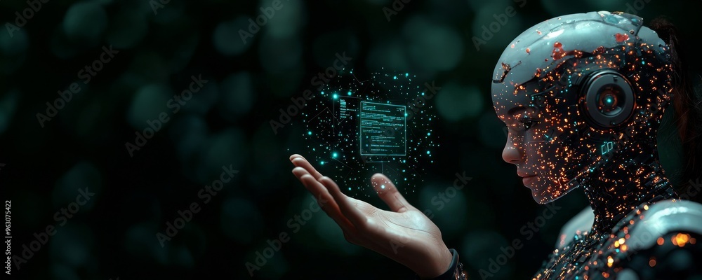 Poster a futuristic robot interacting with digital data, showcasing advanced technology in a visually strik