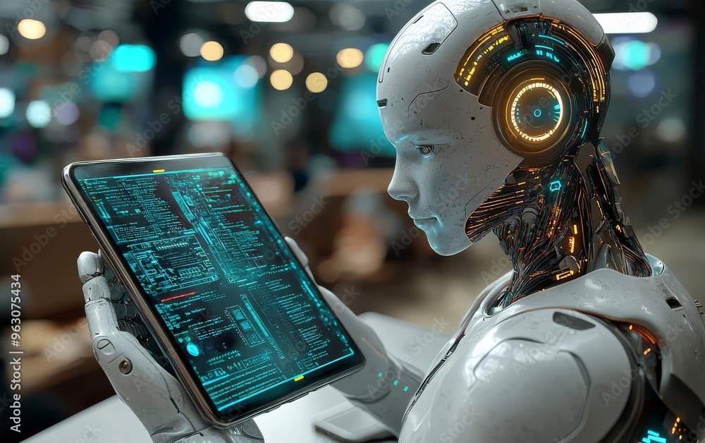 Poster a futuristic robot utilizing advanced technology while interacting with a digital tablet in a modern