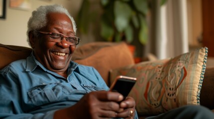 Smiling Senior Man Using Phone on Couch