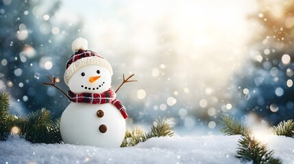 Obraz premium Happy Snowman in Winter Wonderland with Bokeh Background