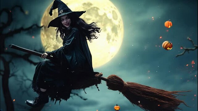 Halloween. A young witch flying on a broomstick through a mystical forest during autumn, with vibrant orange leaves falling around her. Perfect for themes of fantasy, Halloween, magic, and adventure.