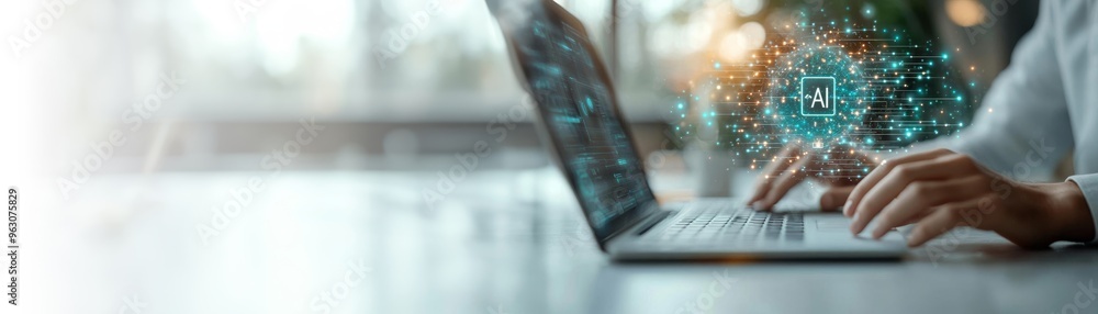Poster a person typing on a laptop with digital elements and glowing data, representing technology and inno