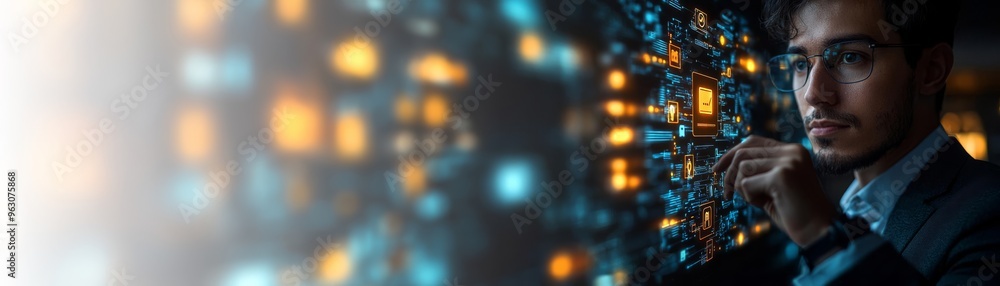 Poster a close-up view of a hand interacting with a digital circuit board, showcasing technology and innova