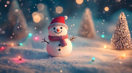 Cute Snowman in Winter Wonderland with Christmas Lights and Snowfall