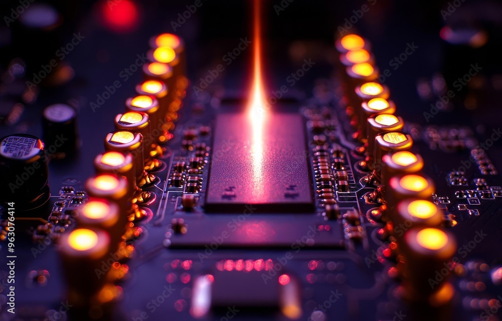 Poster close-up of a circuit board with vibrant lights and a glowing element, showcasing technology and inn