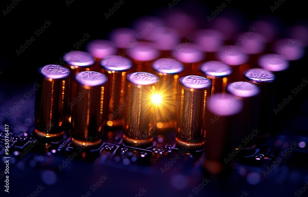Poster close-up of metallic components on a circuit board illuminated by a soft glow, showcasing technology