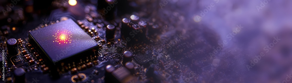 Poster close-up of a modern microchip illuminated with vibrant lights, showcasing intricate details of tech
