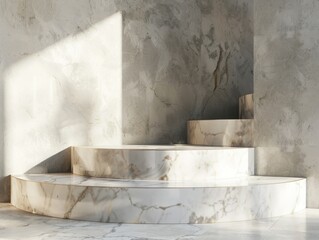 A marble pedestal with three steps is in a room with a white wall