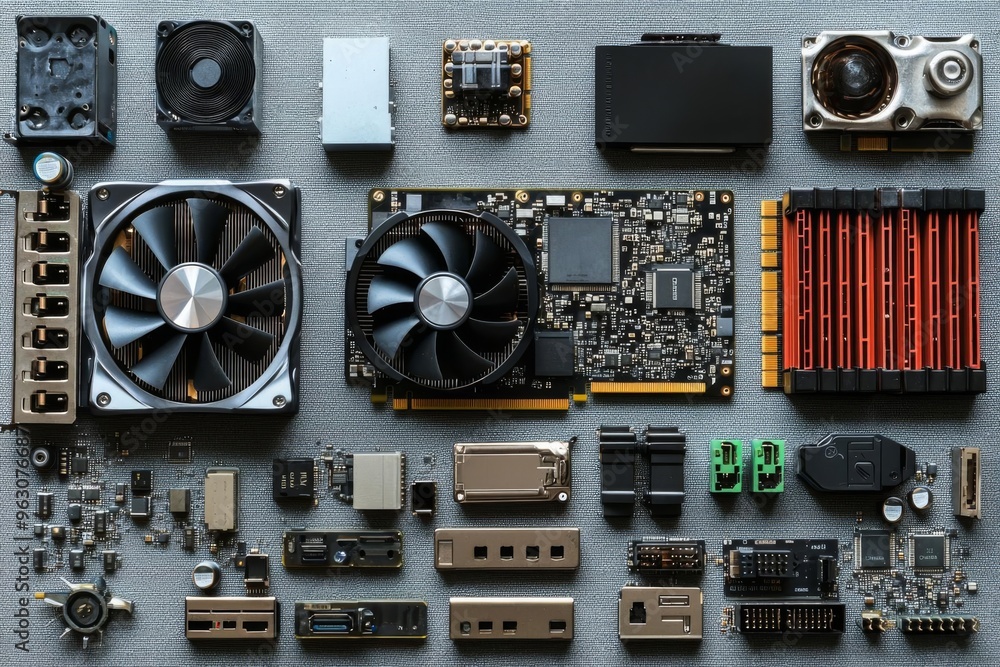 Poster a collection of computer components displayed on a textured surface, showcasing fans, circuit boards