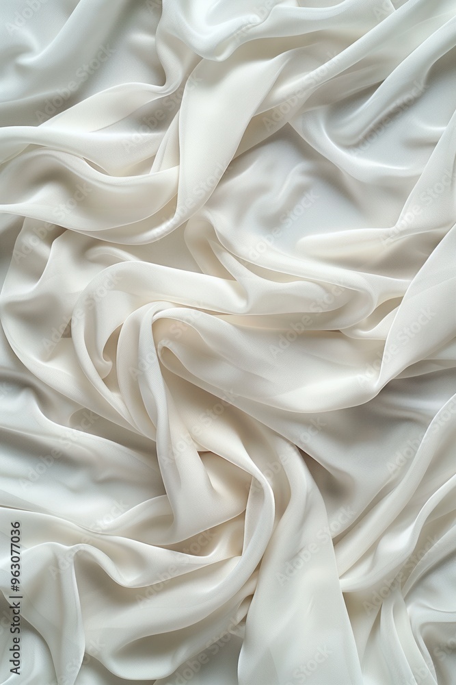 Poster Close-up view of crumpled white fabric with intricate texture and subtle gray and brown hues. Fabric appears to be clothing or decorative item with blurred background drawing focus on subject.