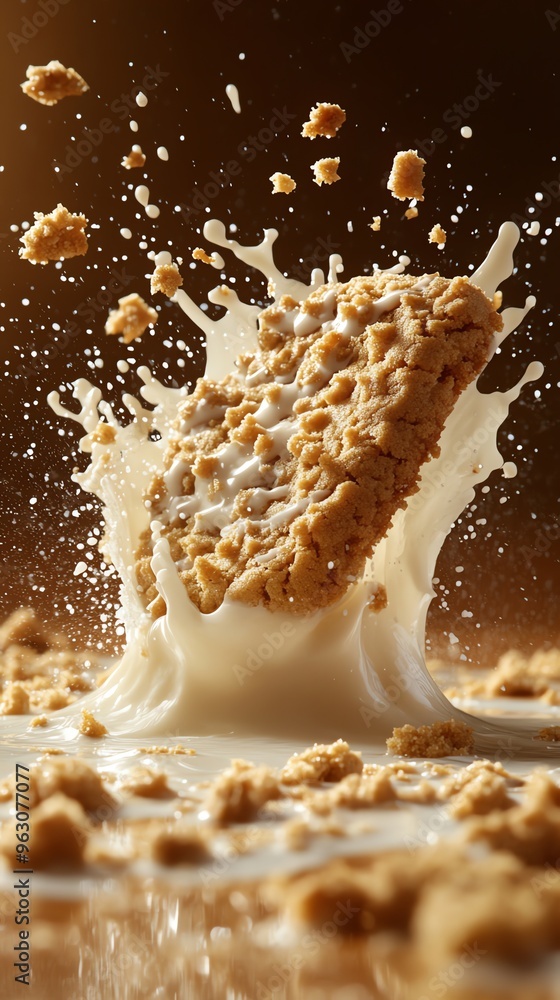 Poster a close-up of a cookie splashing into a pool of milk, creating a beautiful white wave.