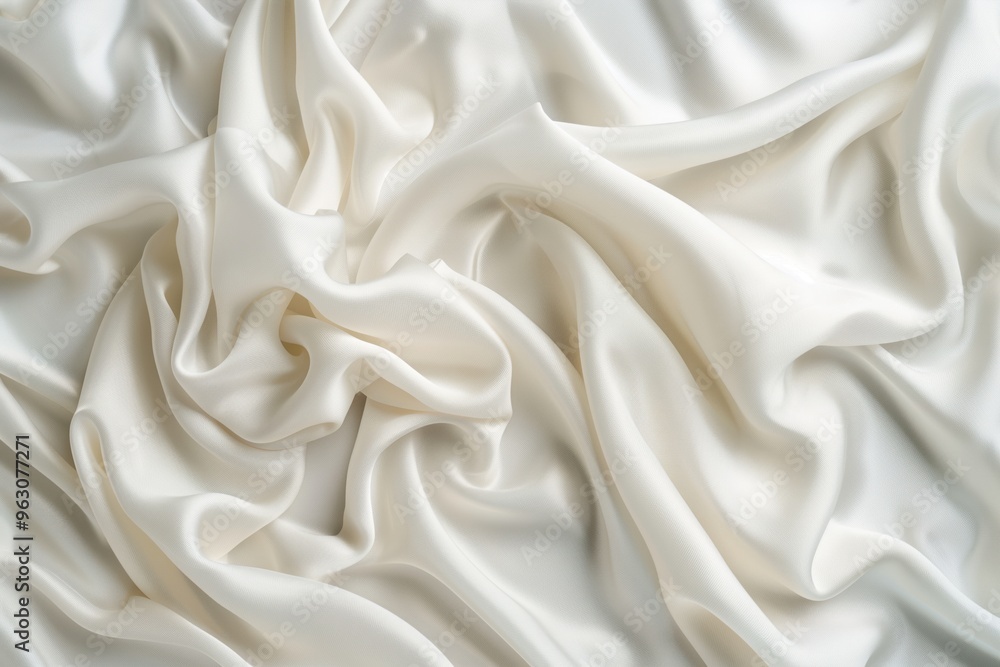 Poster Close-up view of white fabric with subtle gray border, soft texture and slightly wrinkled. Fabric possibly used for clothing or home decor items. Soft focus on fabric pattern, blurred background.