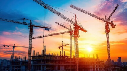 Construct. Sunset Construction Site with Cranes Building an Apartment High-rise