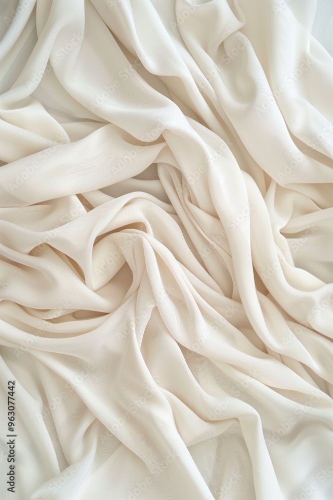 Poster Close-up view of white fabric with intricate texture, possibly sheet curtain. Fabric crumpled, folded in various directions, creating depth composition. Texts objects present, focus on fabric subject.