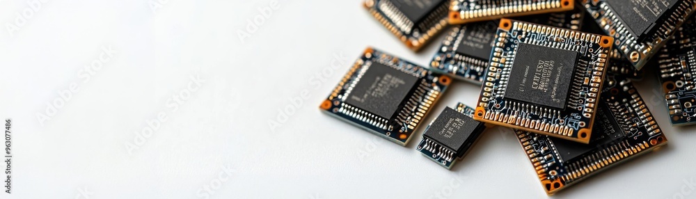 Poster panoramic banner pile of integrated circuit chip on white background with copyspace. microchip type 