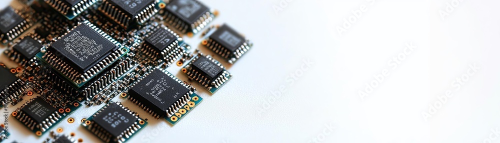 Poster panoramic banner pile of integrated circuit chip on white background with copyspace. microchip type 
