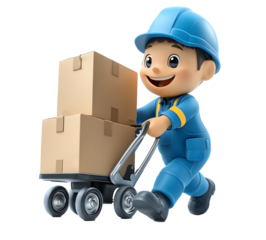 cartoon image of a smiling man pushing a hand truck with cardboard boxes, isolated on a transparent background