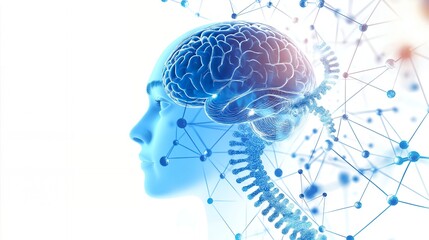 Obraz premium Human head with visible brain, connected to a network of molecules.