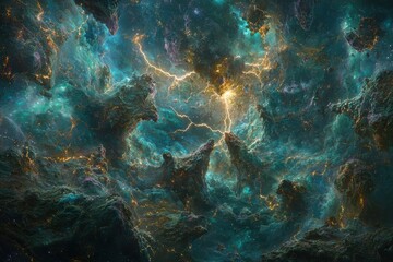 Ethereal cosmic landscape with swirling nebulae and glowing stars