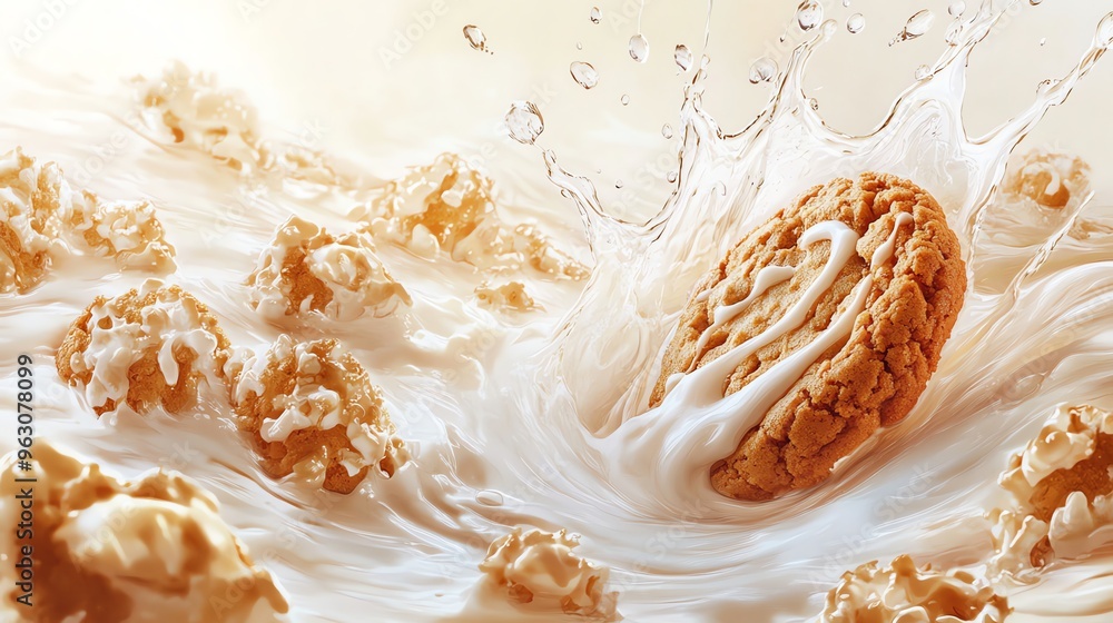 Aufkleber a close-up of a cookie with white icing sinking into milk, creating a splash and a whirlpool.