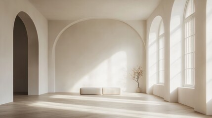 Minimalist White Room with Arched Windows and Sunlight Streaming Through
