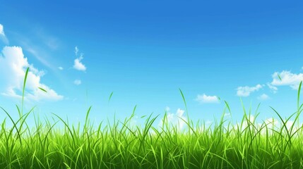 Fototapeta premium Green Grass Field Under Blue Sky - Nature Landscape Photography