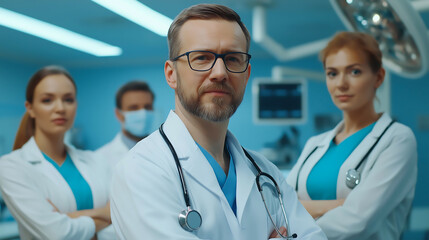 Fototapeta premium Team of colleagues doctor in medical uniform standing and looking at camera in hospital