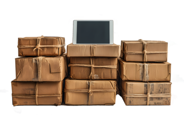 A stack of cardboard boxes tied with twine, with an iPad resting on top, isolated on a transparent background. 