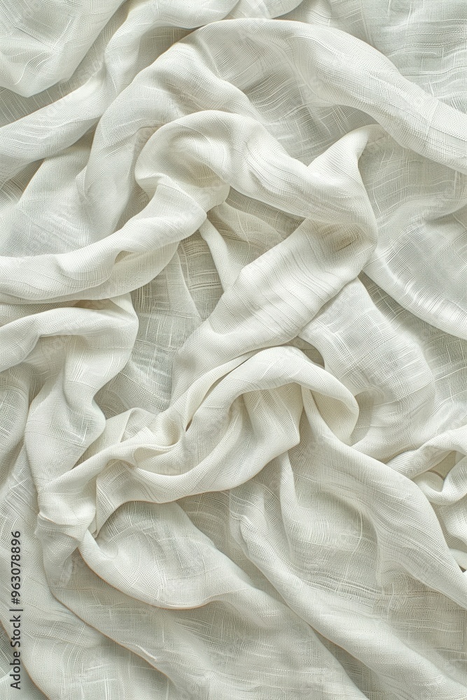 Poster close-up view of white fabric with subtle texture, possibly chiffon or silk. fabric folded in half r