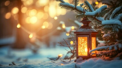 Obraz premium Enchanted Winter Landscape with Glowing Lantern