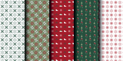 Set of Christmas vector seamless pattern. Merry Christmas and Happy New Year. Christmas symbols background. Vector red and green seamless illustration