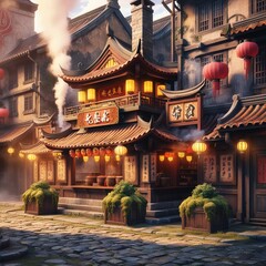An old city's worn-out cobblestone street is home to a famous hotpot restaurant with intricate details that evoke a vibrant anime aesthetic.