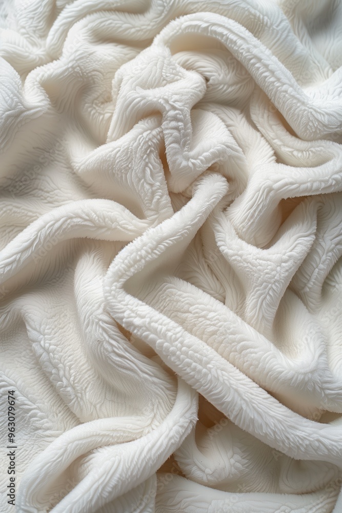 Poster Close-up view of white fabric with intricate wavy pattern. Fabric folded in half revealing texture and structure. Simple gray background contrasts with vibrant white fabric.
