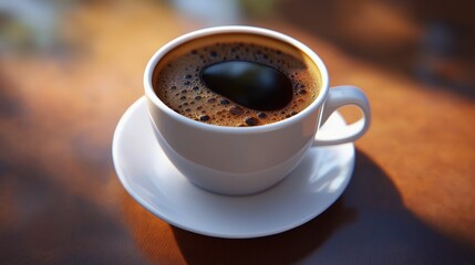 White cup of Americano coffee on a table.