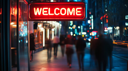 A glowing red "Welcome" neon sign on a bustling city street at night, with blurred pedestrians and bright urban lights in the background.
