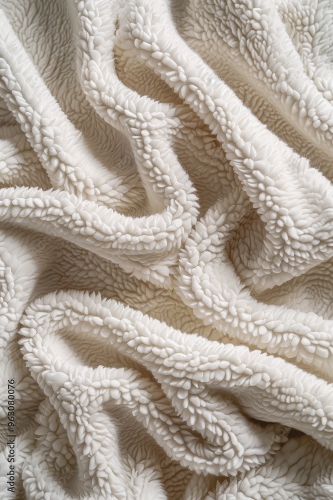 Poster Close-up view of white fabric with wavy pattern adds depth and dimension. Fabric texture unique and intricate. Focus on details of fabric due to blurred background.