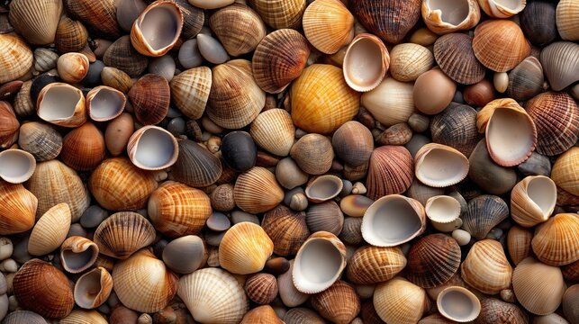 Lots of beautiful shells background. Seashells.