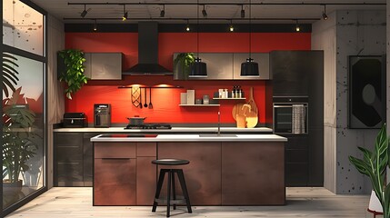 A chic, industrial kitchen with a red accent wall, floating sink design, sleek grey cabinetry, and a geometric black stool, framed by subtle lighting