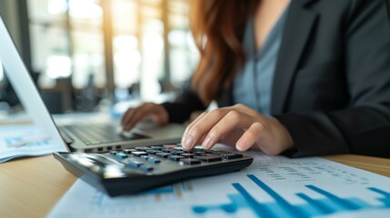 Businesswoman Working on Financial Data with Calculator and Laptop