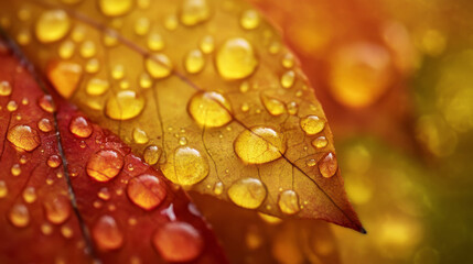 Macro shot of vibrant yellow and red autumn leaves covered in glistening water droplets, capturing the beauty of fall.
