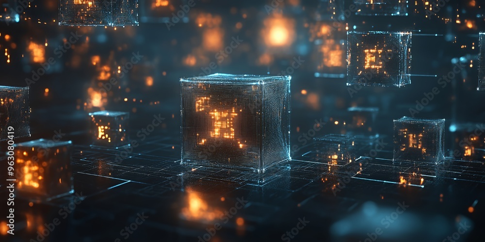 Aufkleber abstract glowing cubes in a network of lines.