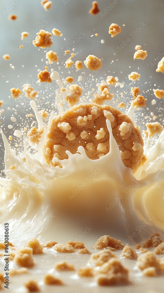 Poster a cookie lands in a pool of milk, creating a beautiful splash with milk and cookie crumbs flying in 