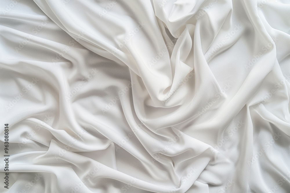 Poster Close-up view of crumpled white fabric with interesting texture. Fabric appears to be sheet or curtain with intricate folds. Blurred background draws focus to fabric depth and dimension.