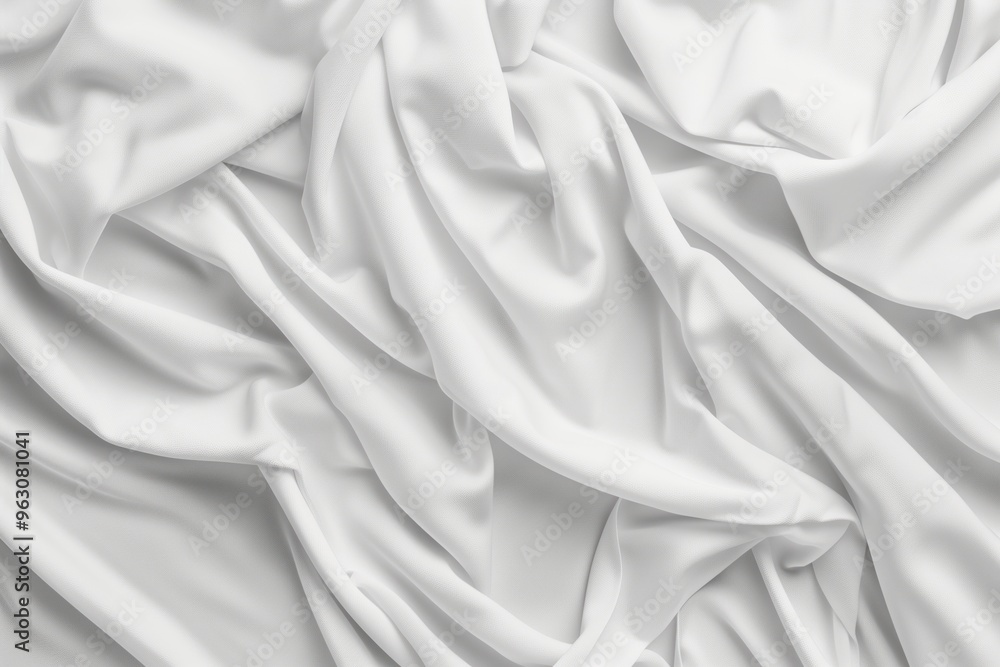 Poster White fabric with subtle gray border, folded to intricate texture, creases. Smooth appearance with slight wrinkles adds depth. Blurred background highlights fabric unique pattern.