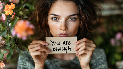 Woman holding You are enough card, self-love, mental health awareness, positive affirmation, emotional support, self-care, motivation, personal growth concept.