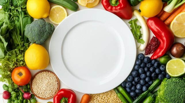 A healthy arrangement of colorful fruits, vegetables, and grains surrounding an empty plate for promoting nutritious meals