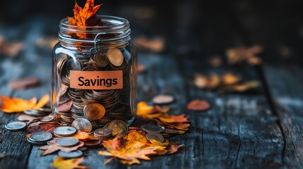 Cozy autumn jar filled with colorful leaves and coins representing seasonal savings