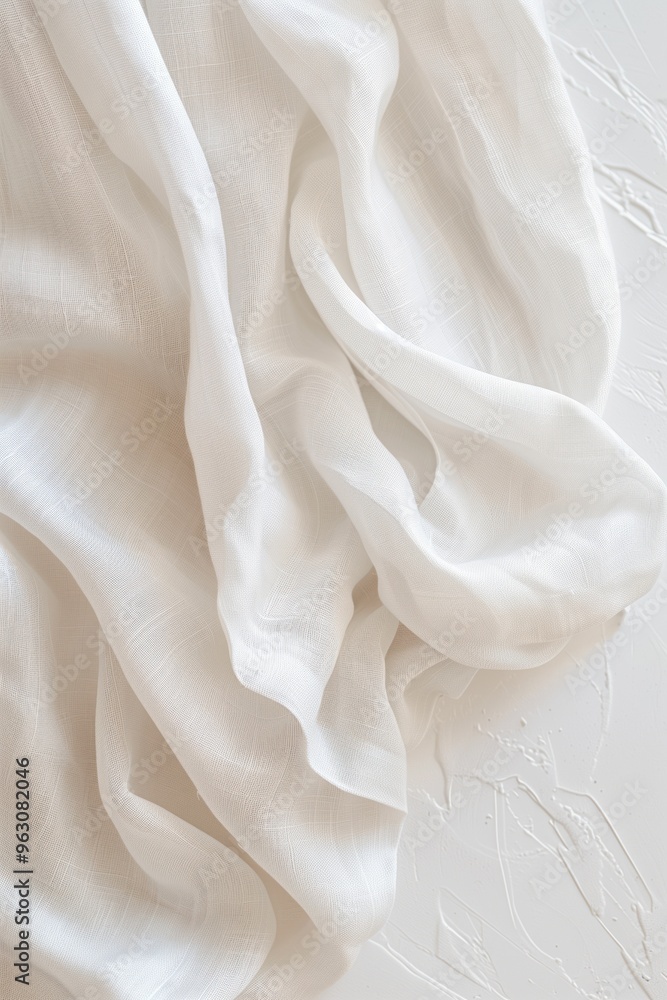 Poster Close-up view of white fabric with subtle pattern. Fabric folded revealing intricate design on gray background. Textured surface with smooth folds. Simple, elegant texture for fashion interior design.